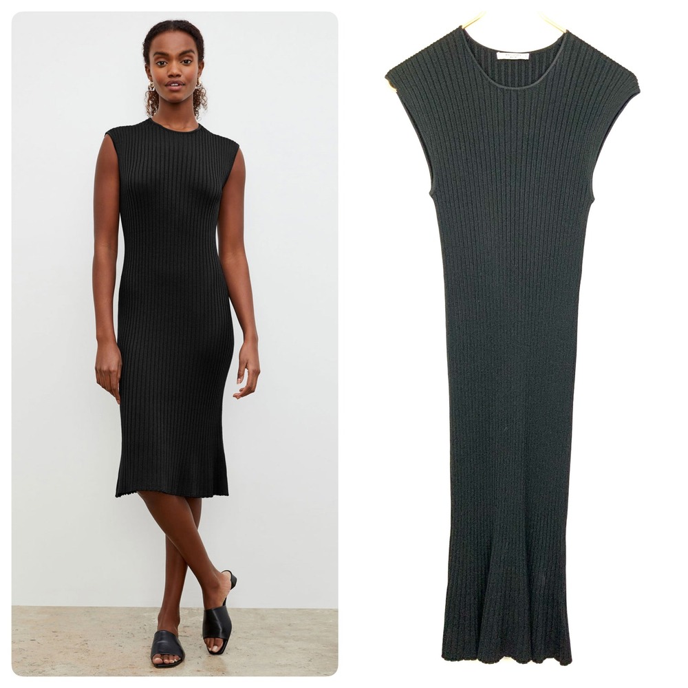 MM Lafleur Small Dylan Black Slinky Knit Ribbed Midi Dress Day to Night Office